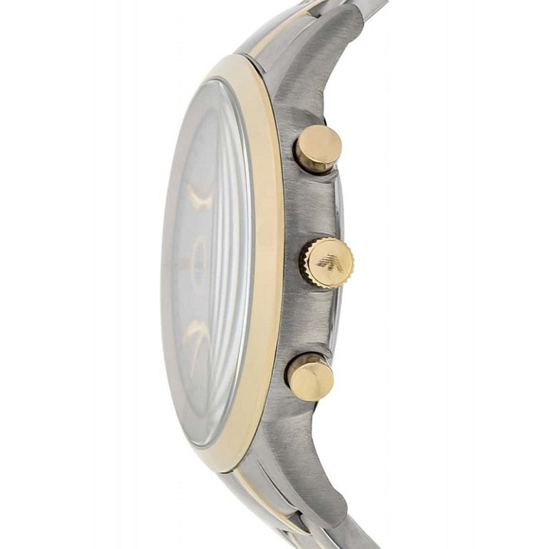 Side profile of Emporio Armani AR11076 showing the two-tone stainless steel silver and yellow gold-tone strap