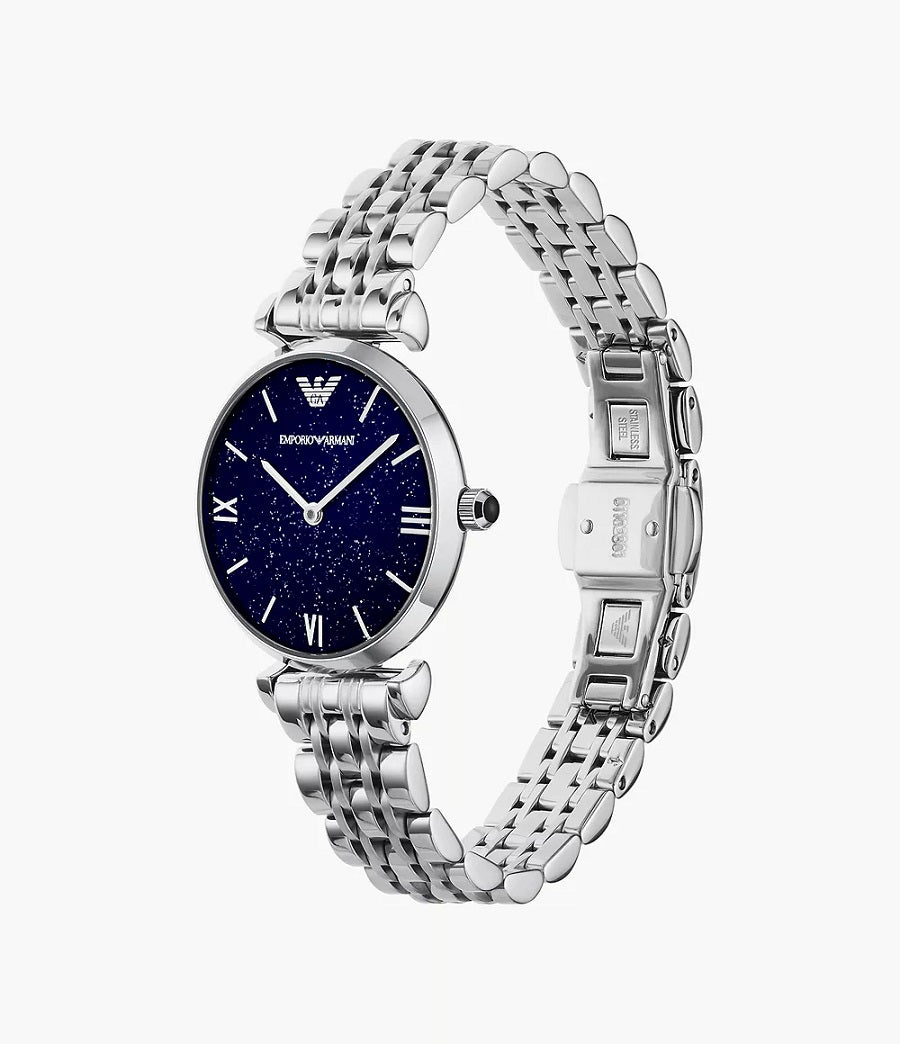 Emporio Armani AR11091 Gianni T-Bar women’s watch with stainless steel silver strap and blue dial