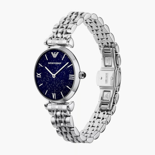 Emporio Armani AR11091 Gianni T-Bar women’s watch with stainless steel silver strap and blue dial