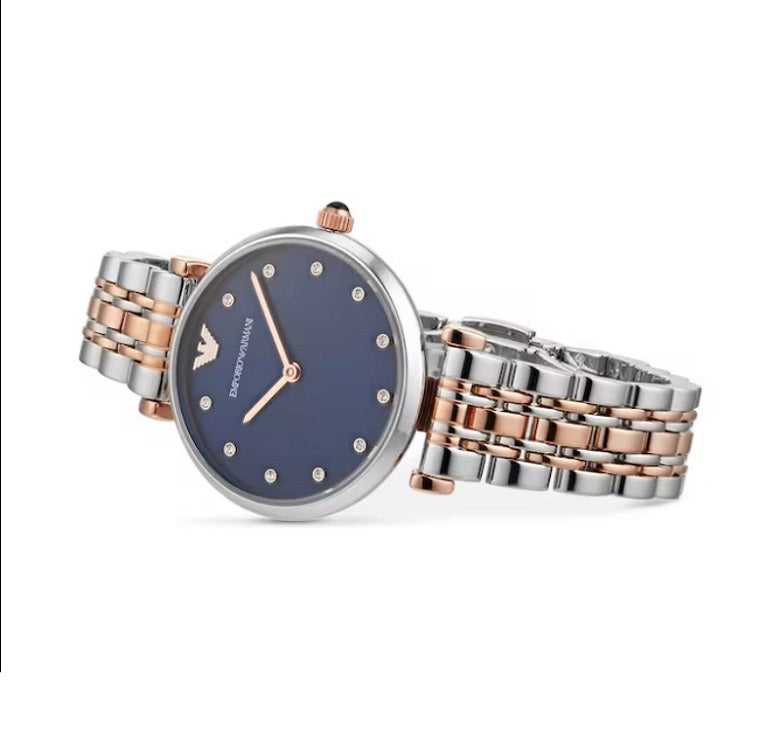 Close-up of the blue dial on Emporio Armani AR11092 Gianni T-Bar women’s watch with rose gold accents