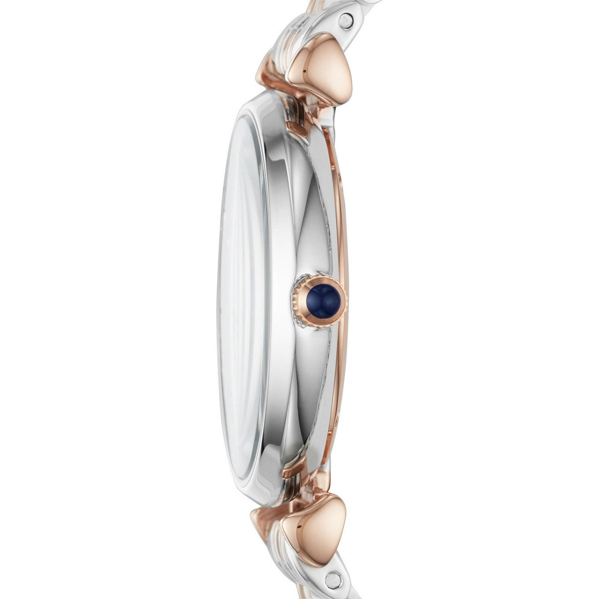 Side profile of Emporio Armani AR11092 Gianni T-Bar showing two-tone rose gold and silver strap