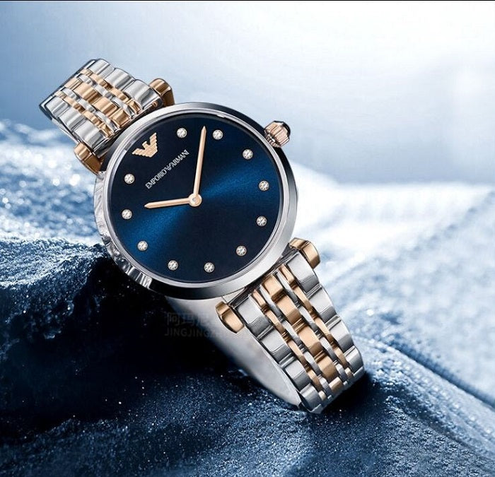 Emporio Armani AR11092 Gianni T-Bar women’s watch with two-tone silver and rose gold strap and blue dial