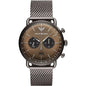 Close-up of the Emporio Armani AR11141 watch showing the detailed brown chronograph dial and silver-tone hands