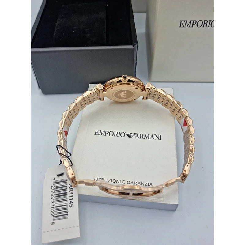 Side profile of Emporio Armani AR11145 showing rose gold stainless steel strap and case
