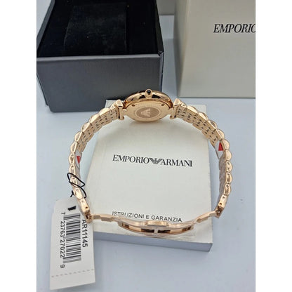 Side profile of Emporio Armani AR11145 showing rose gold stainless steel strap and case