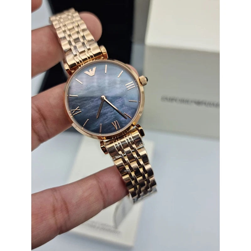 Emporio Armani AR11145 Gianni T-Bar women’s watch with rose gold stainless steel strap and black dial