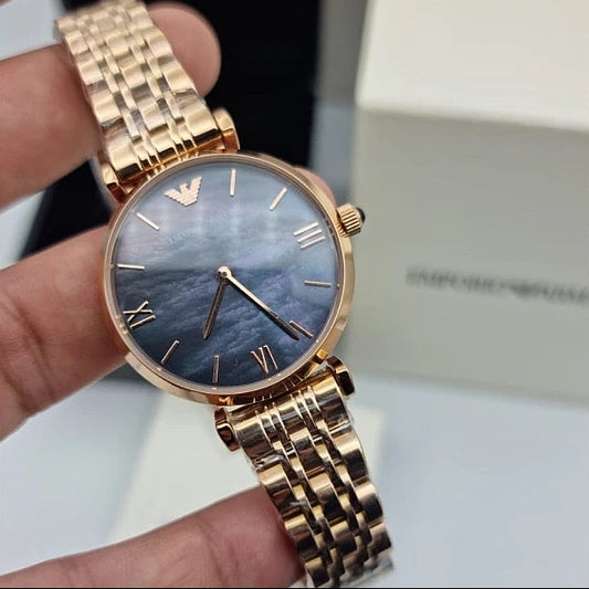 Emporio Armani AR11145 Gianni T-Bar women’s watch with rose gold stainless steel strap and black dial