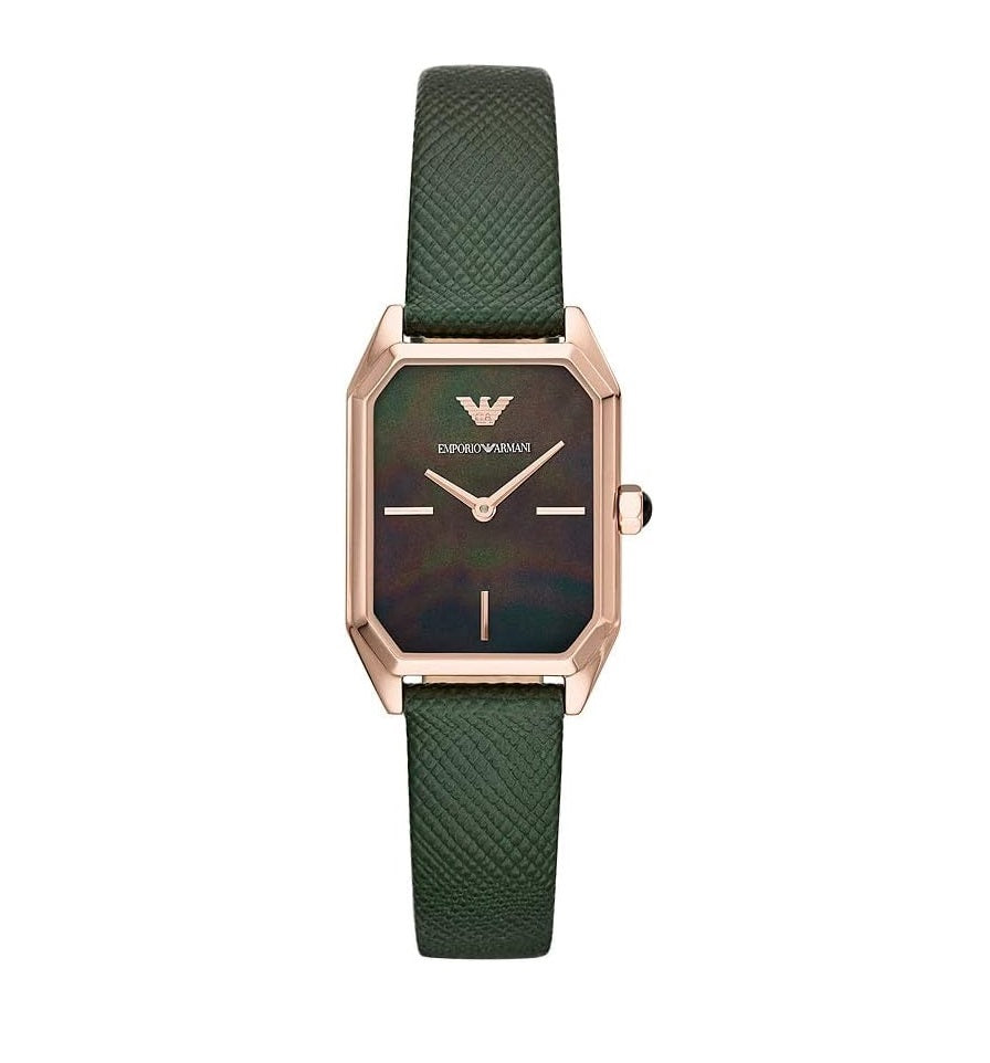 Front view of the Emporio Armani AR11149 Gioia women's watch featuring a rectangular rose gold-tone case, dark dial, and green textured leather strap.