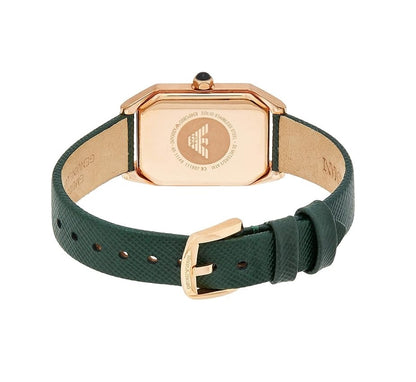 Rear view of the Emporio Armani AR11149 showing the green leather strap, rose gold-tone buckle closure, and case back.