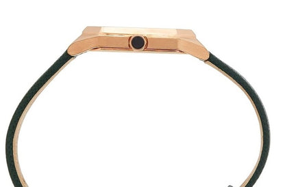 Side profile of the Emporio Armani AR11149 highlighting the slim rose gold-tone case design and crown detail.