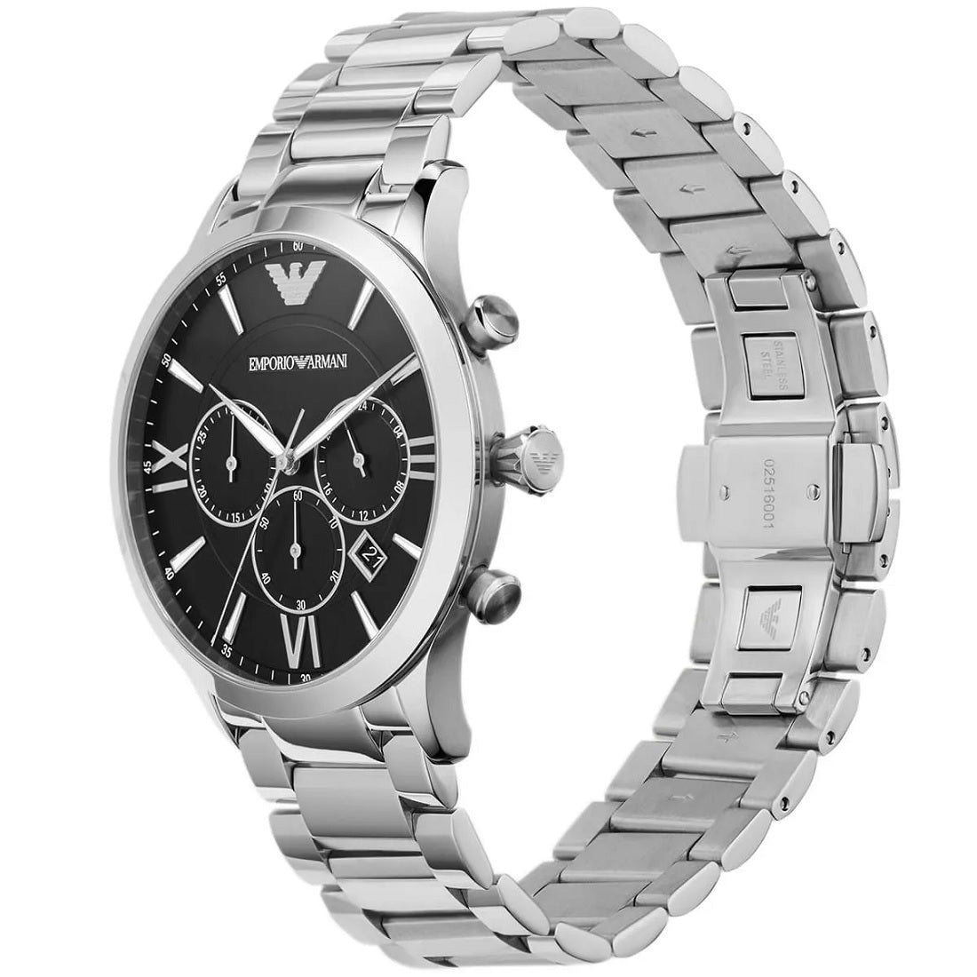 Angled shot of Emporio Armani AR11208 Giovanni with sharp black dial and clean silver bracelet