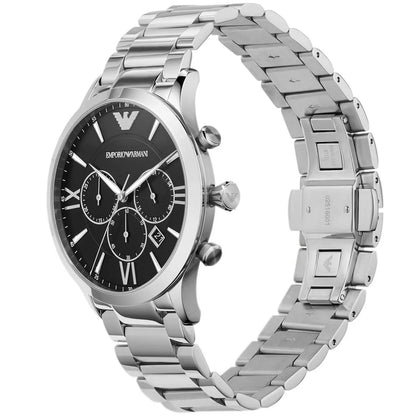 Angled shot of Emporio Armani AR11208 Giovanni with sharp black dial and clean silver bracelet