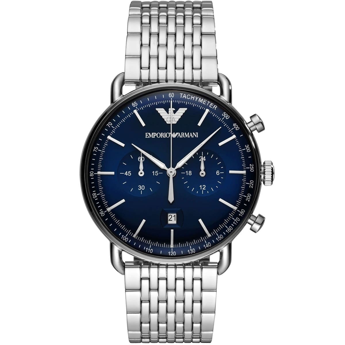Front view of Emporio Armani AR11238 men’s watch with deep blue dial and silver strap