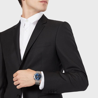 Emporio Armani AR11238 worn on wrist with classic blue dial and silver bracelet