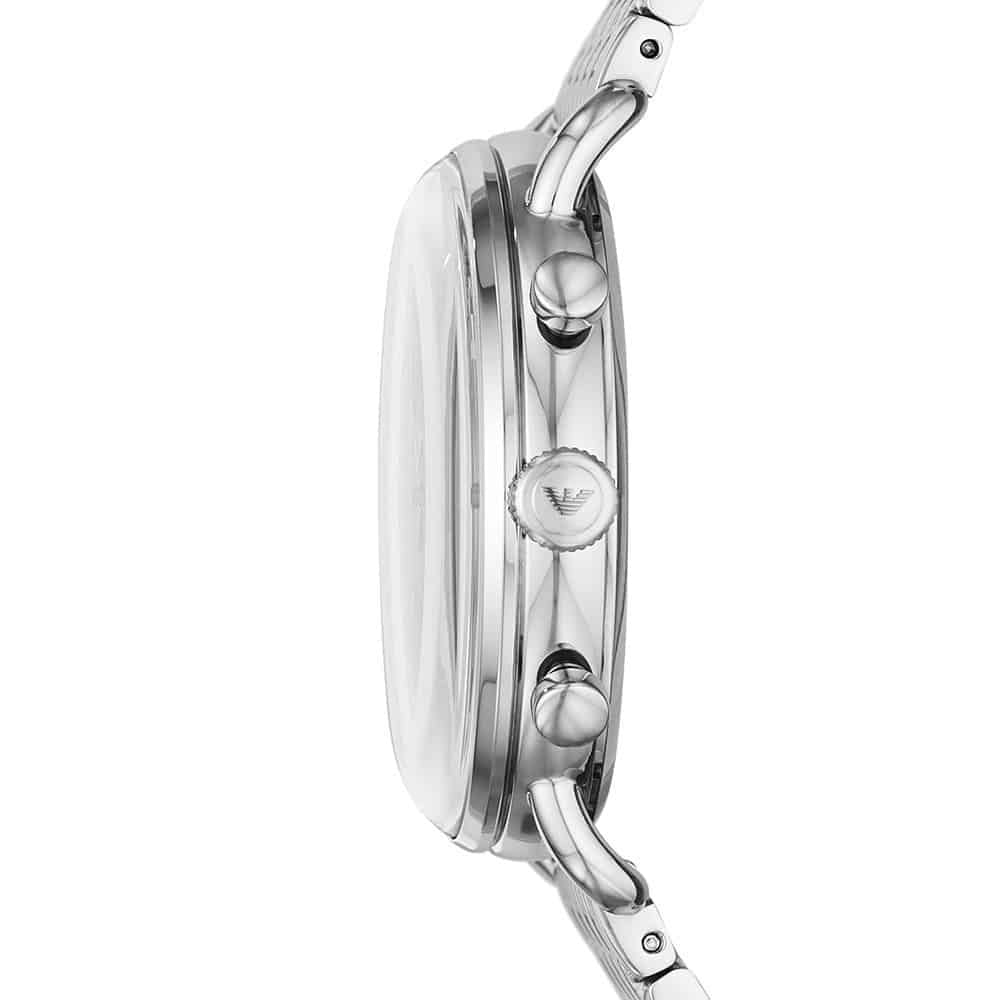 Side profile of Emporio Armani AR11238 showing brushed stainless steel bracelet