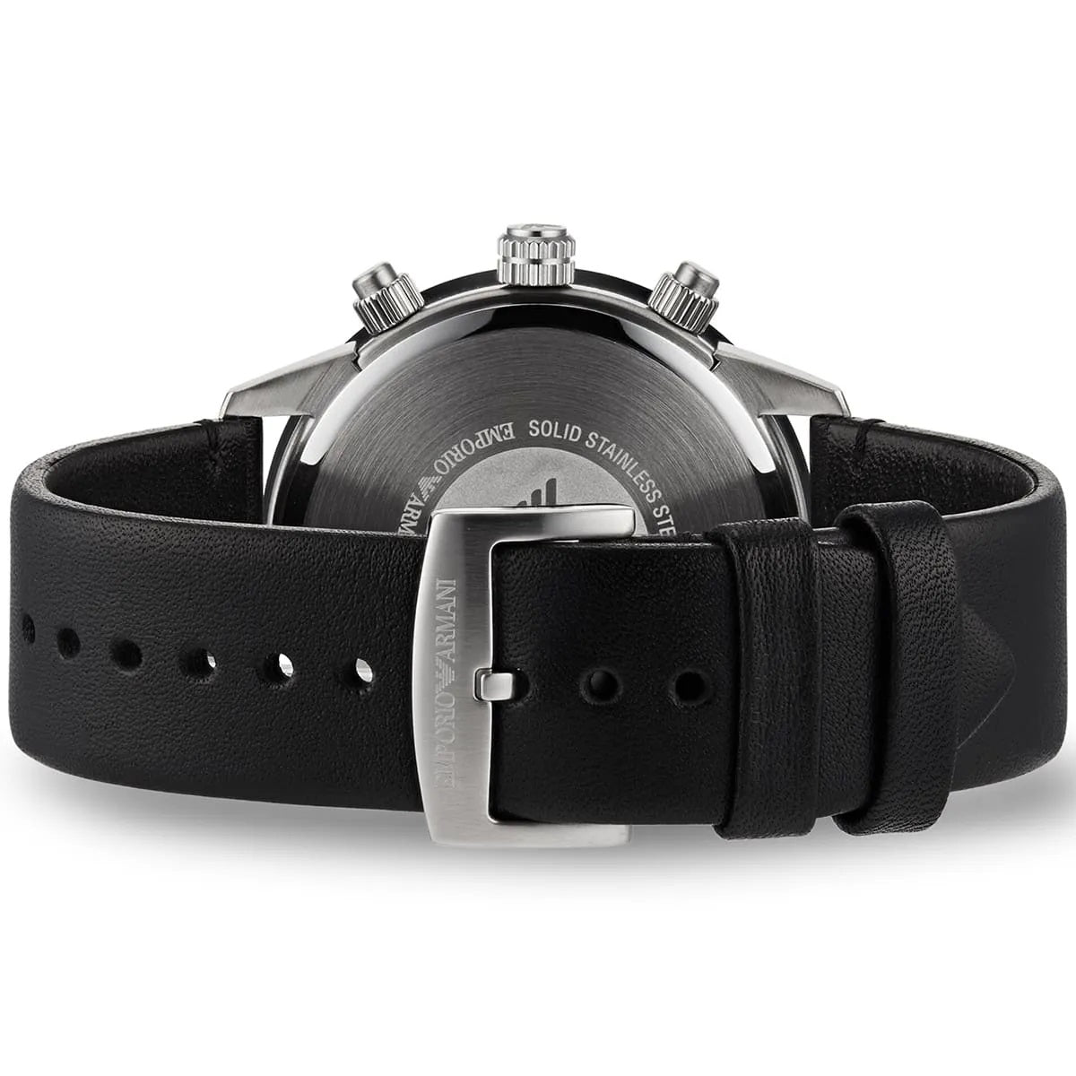 Back view of Emporio Armani AR11243 with caseback and leather strap stitching