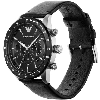 Close-up of black dial on Emporio Armani AR11243 with minimalistic chronograph design