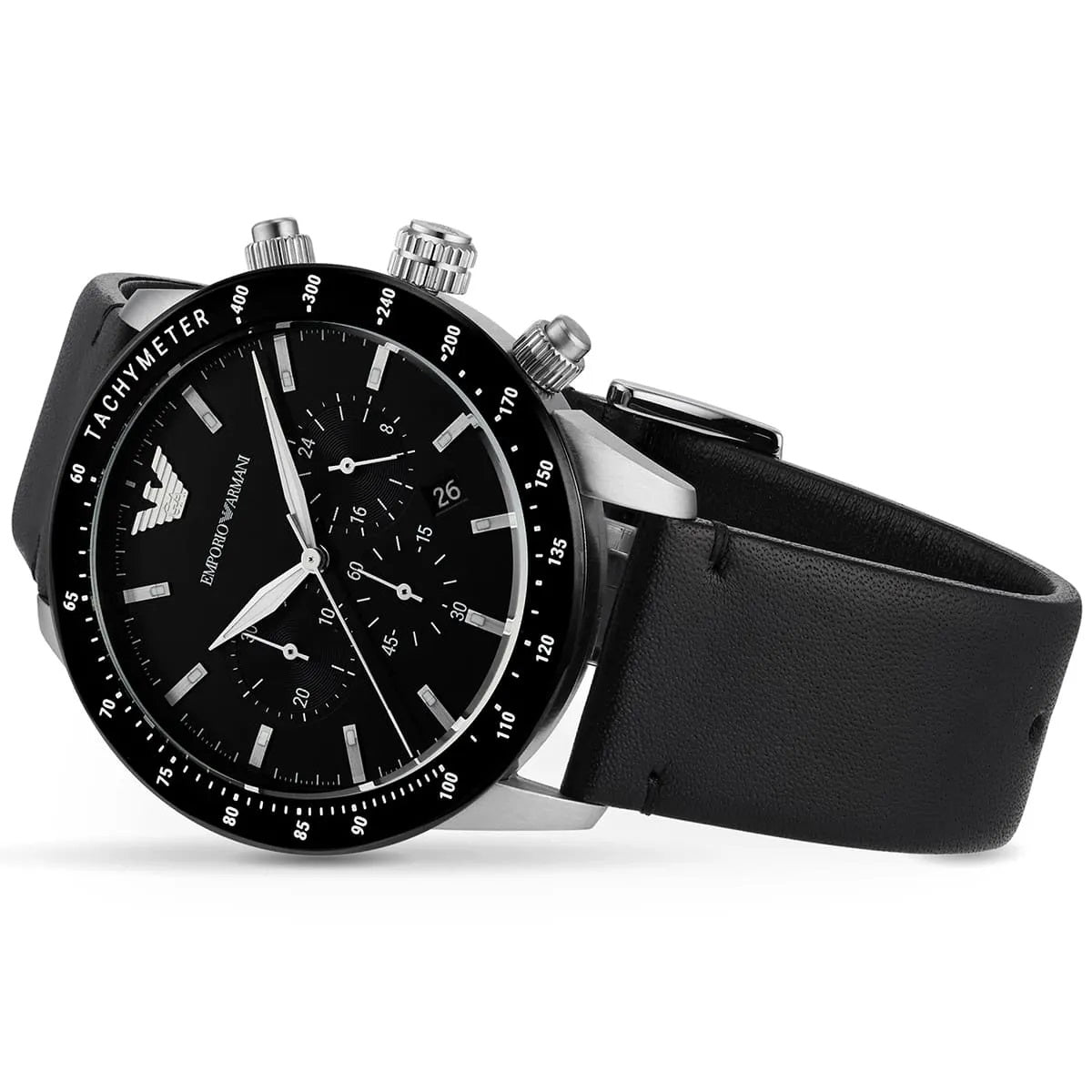 Emporio Armani AR11243 Mario men’s watch with black leather strap and black dial
