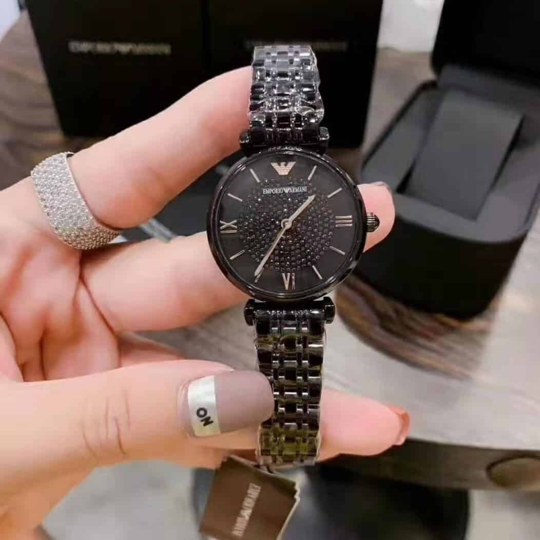 Close-up of the pavé crystal black dial on Emporio Armani AR11245 women’s watch