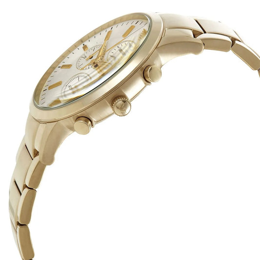 Angled view of Emporio Armani AR11332 showing elegant case and gold bracelet