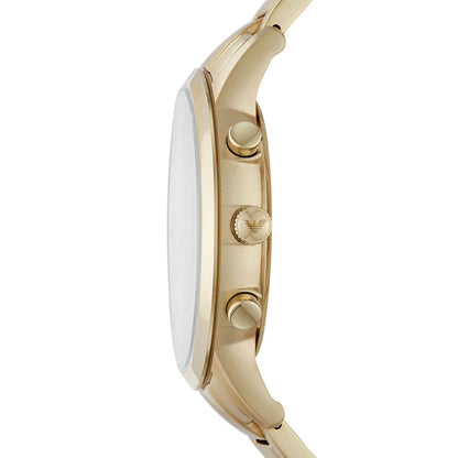 Side profile of Emporio Armani AR11332 showing polished gold stainless steel strap