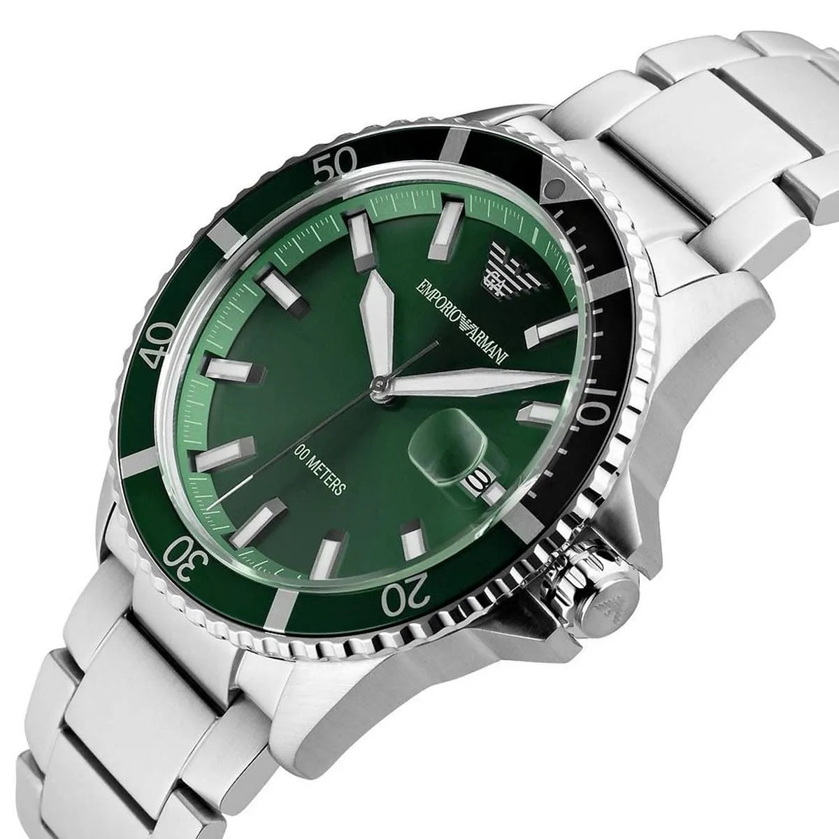 Close-up of the green dial on Emporio Armani AR11338 with luminous hands and indices