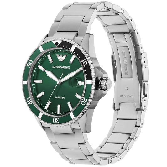 Emporio Armani AR11338 men’s diver watch with stainless steel silver strap and green dial