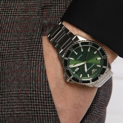 Emporio Armani AR11338 worn on wrist, styled for daily wear with green dial and stainless steel strap