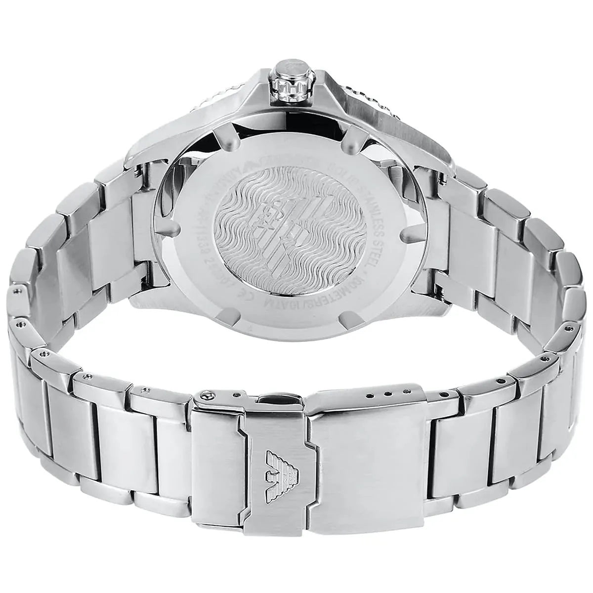 Caseback and deployment clasp of Emporio Armani AR11339 showcasing diver specs and logo engraving