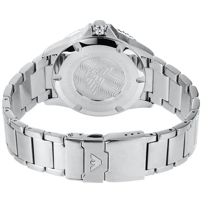 Caseback and deployment clasp of Emporio Armani AR11339 showcasing diver specs and logo engraving