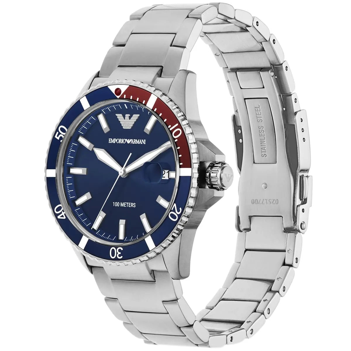 Close-up of blue dial on Emporio Armani AR11339 with luminous markers and diver details