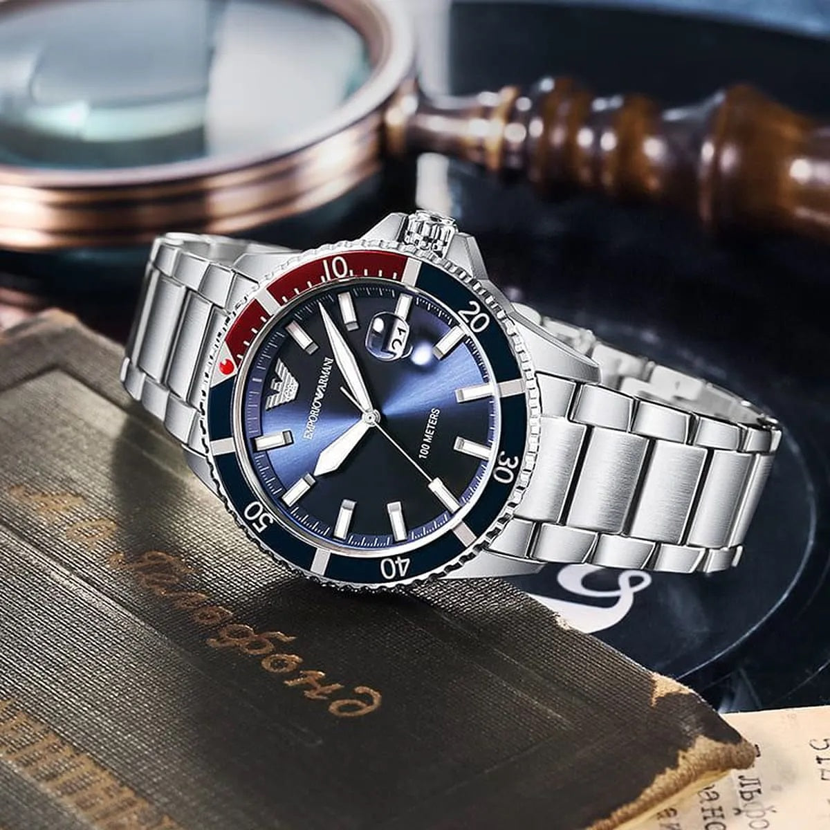 Close-up shot of Emporio Armani AR11339 with rich blue dial and sporty diver style