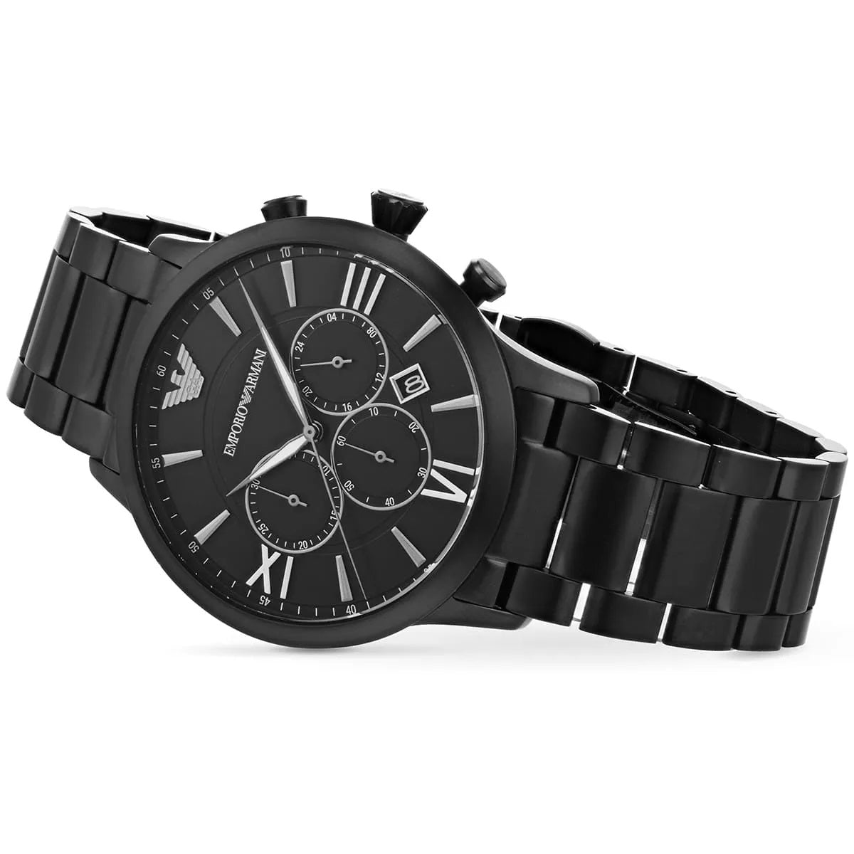Angled view of the Emporio Armani AR11349 showcasing the matte black finish, multi-link bracelet, and polished chronograph pushers.