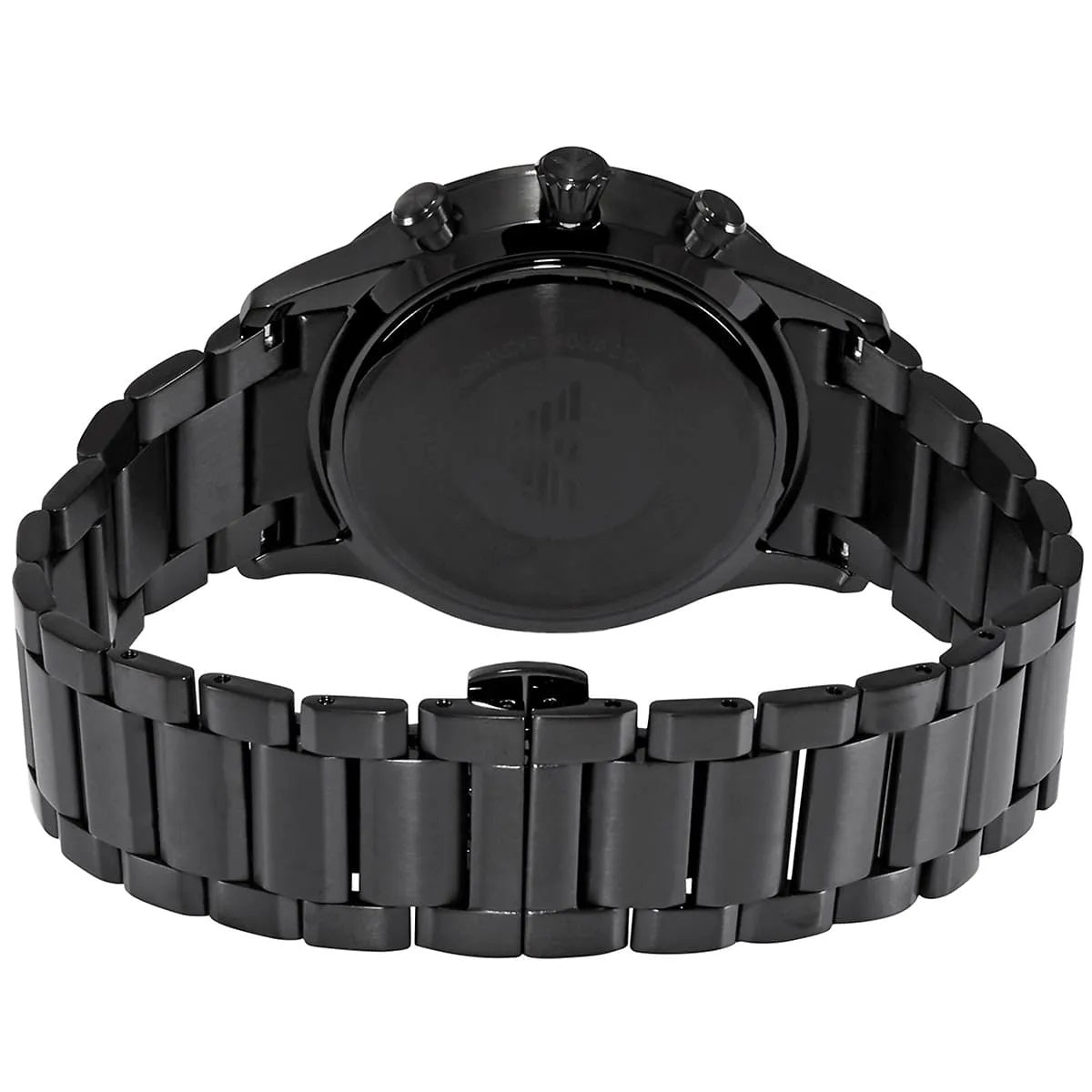 Rear view of the Emporio Armani AR11349 highlighting the integrated black link bracelet and seamless butterfly deployment clasp.