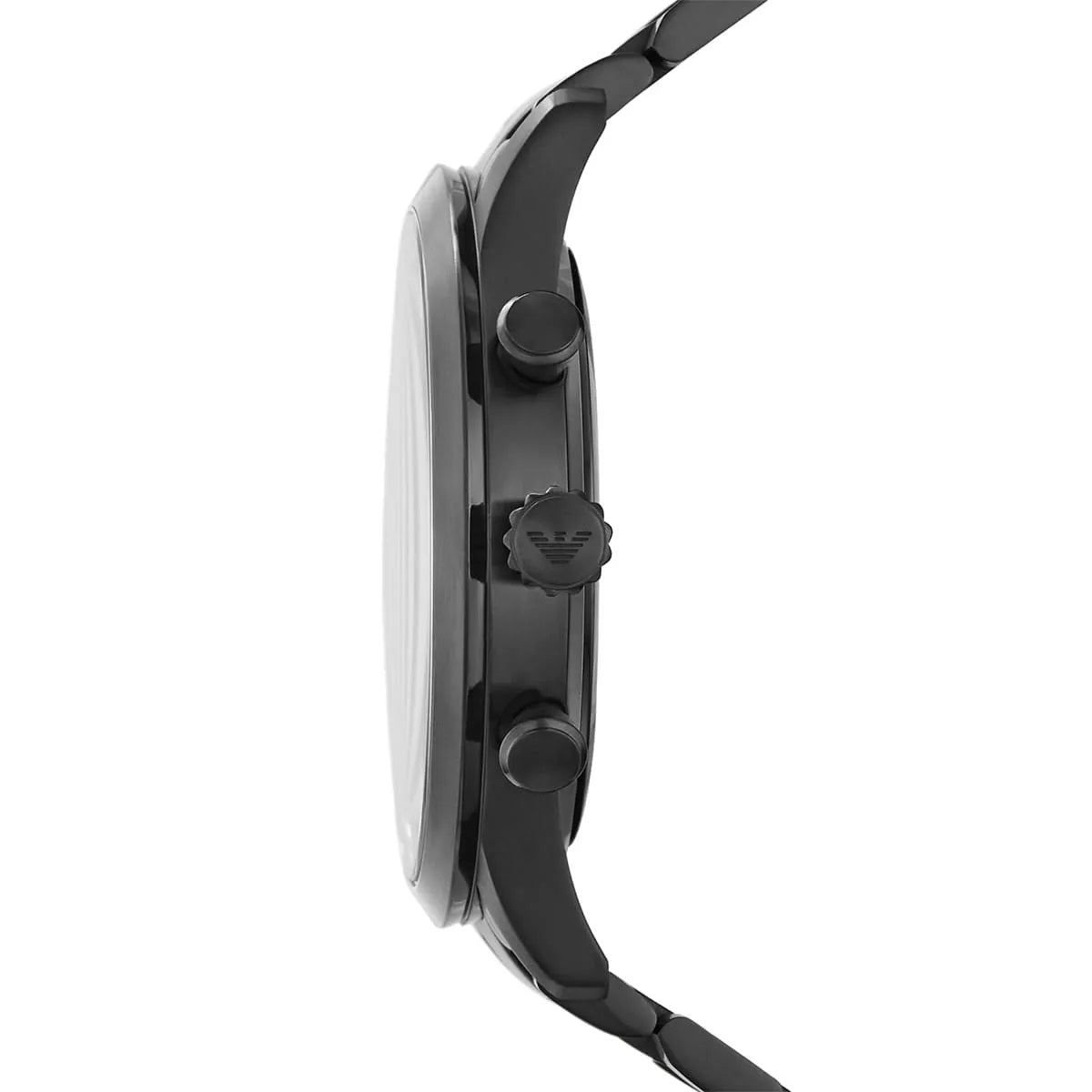Side profile of the Emporio Armani Giovanni watch showing the slim case design, textured crown, and black-tone stainless steel lugs.