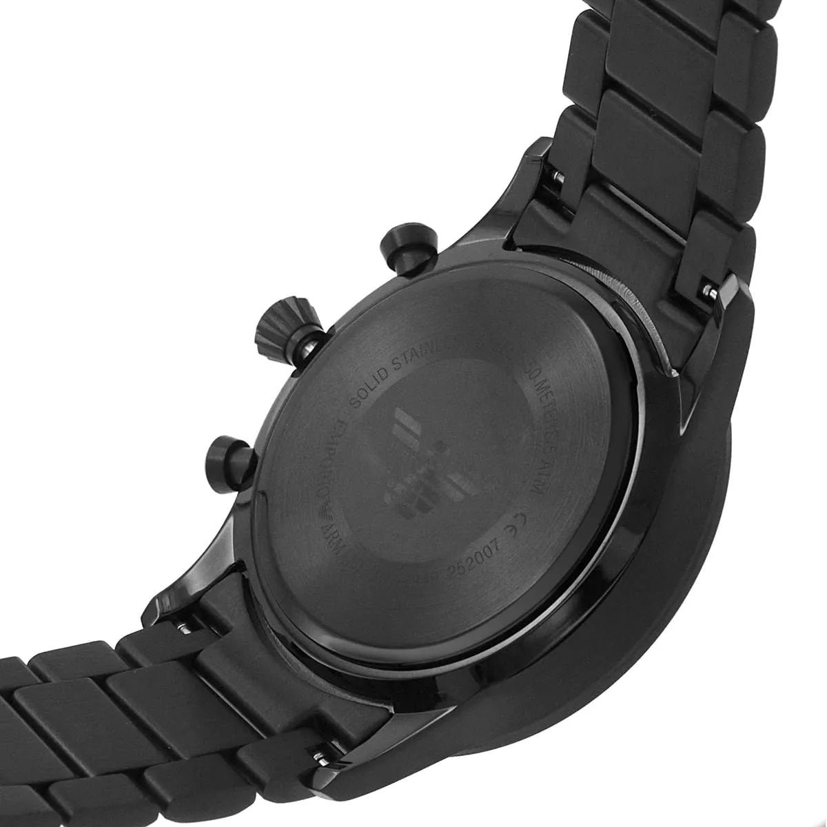 Close-up of the black stainless steel solid case back of the AR11349 featuring the embossed Emporio Armani eagle emblem.