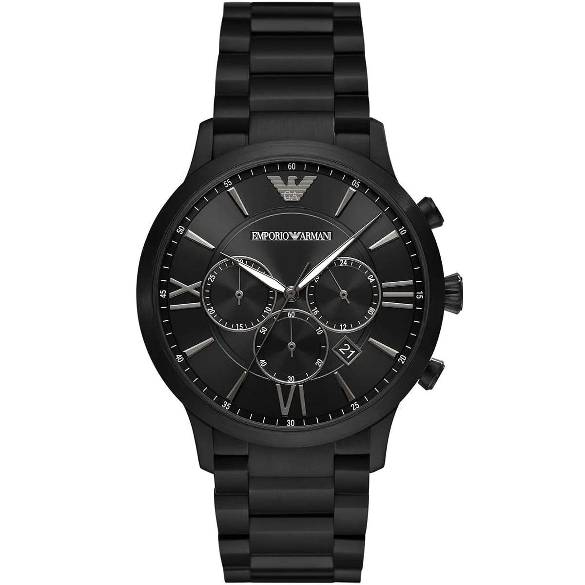 Front view of the Emporio Armani AR11349 Giovanni men's watch in all-black stainless steel with Roman numeral indices and chronograph sub-dials.
