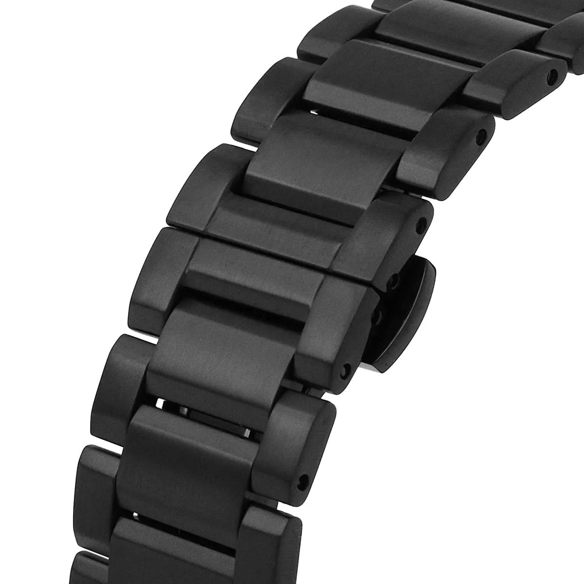Detailed close-up of the high-quality matte black stainless steel links and deployment clasp on the Emporio Armani Giovanni bracelet.