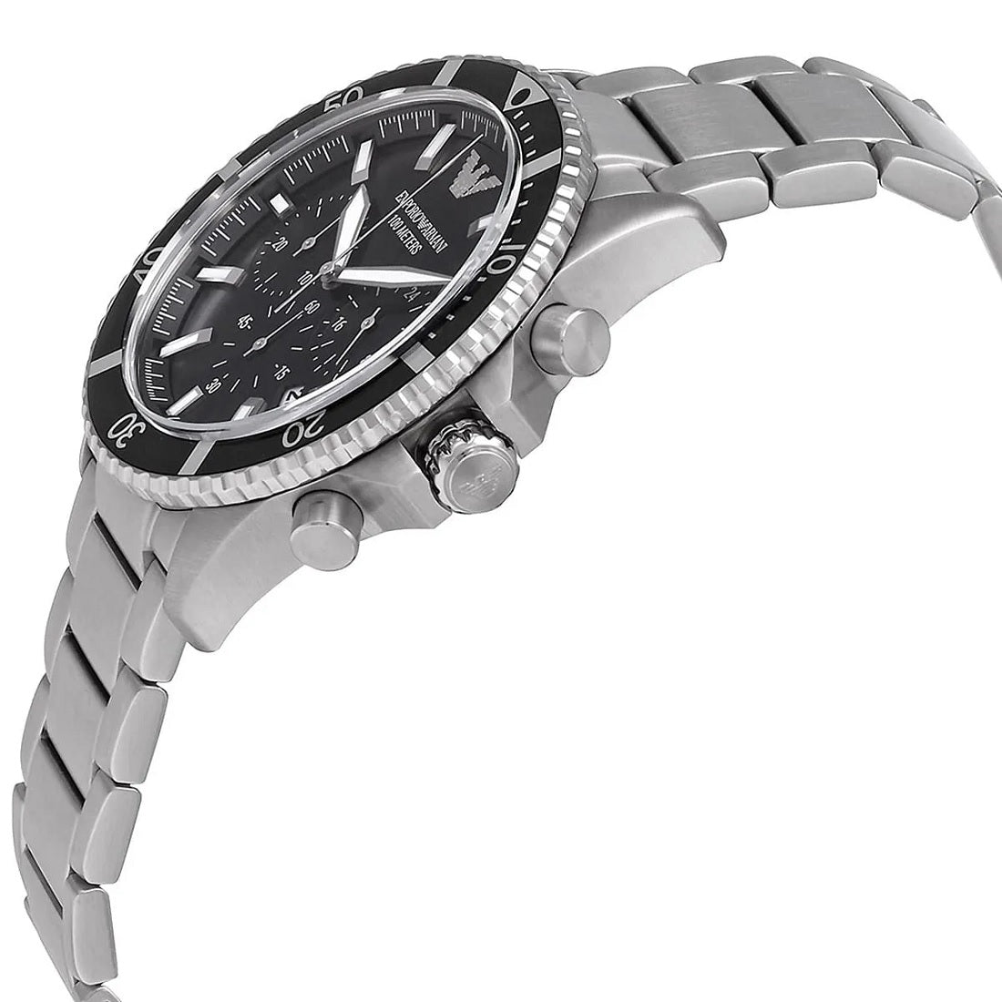 Angled view of Emporio Armani AR11360 showing diver bezel and polished lugs