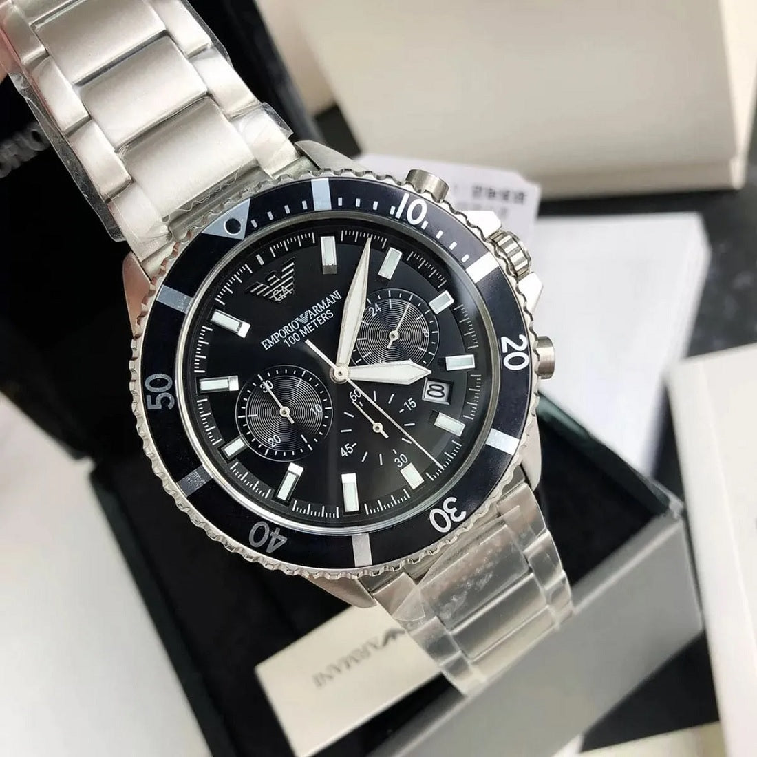 Emporio Armani AR11360 men's diver watch with stainless steel silver bracelet and black dial