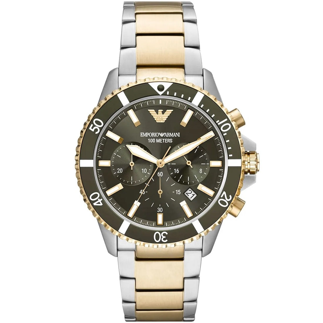 Front view of the Emporio Armani AR11361 men's diver watch featuring a green dial, two-tone silver and gold stainless steel bracelet, and chronograph sub-dials.