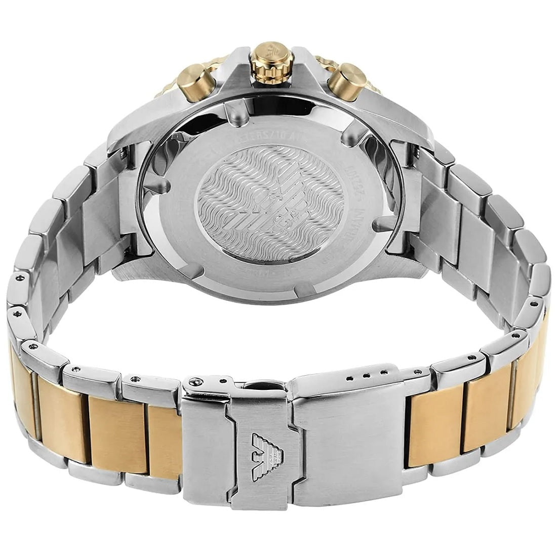 Rear view of the Emporio Armani AR11361 highlighting the folded clasp on the two-tone gold and silver bracelet and the solid case back.