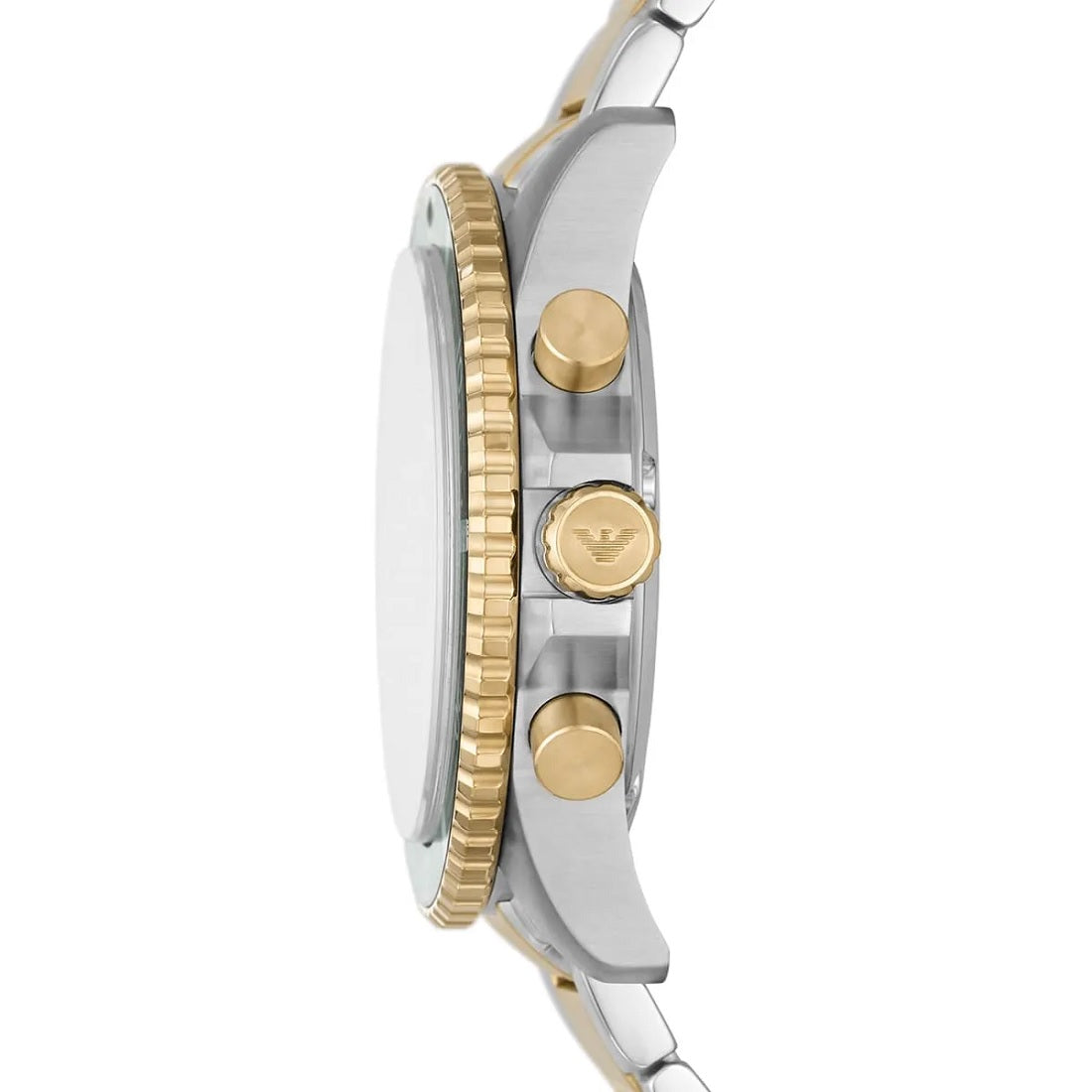 Side profile of the Emporio Armani AR11361 showing the silver-tone case depth alongside the gold-tone crown and chronograph pushers.