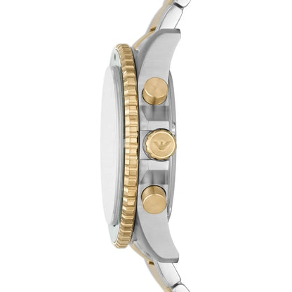 Side profile of the Emporio Armani AR11361 showing the silver-tone case depth alongside the gold-tone crown and chronograph pushers.