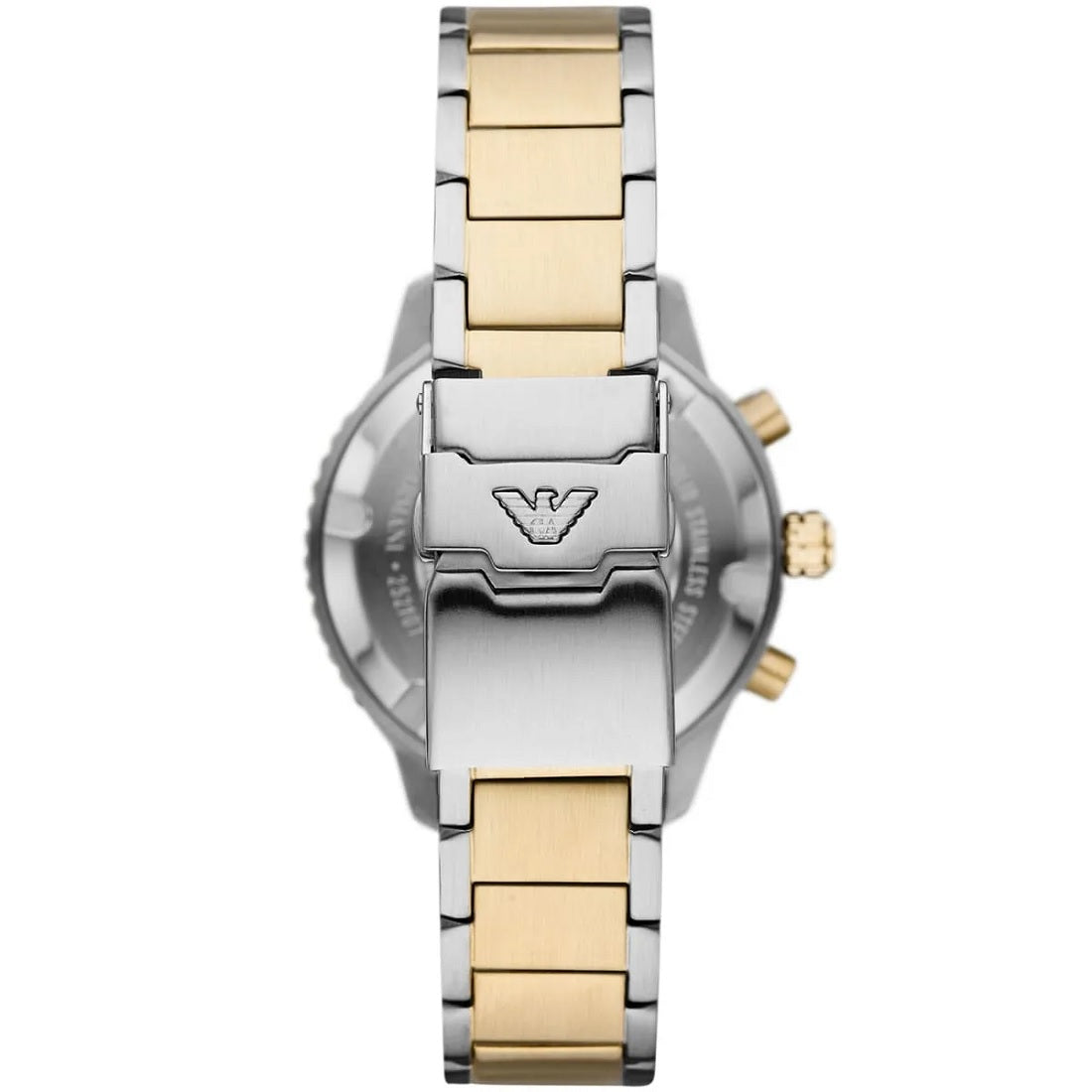 Caseback and clasp view of Emporio Armani AR11362 showcasing diver engraving and two-tone clasp