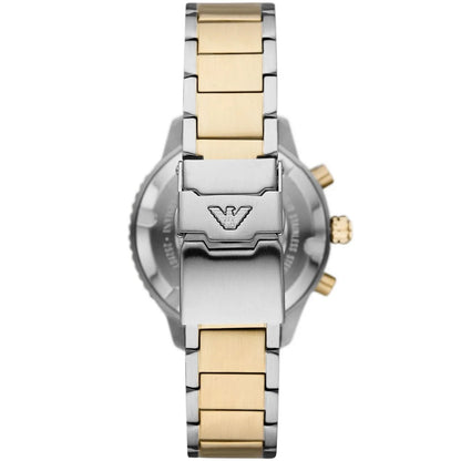 Caseback and clasp view of Emporio Armani AR11362 showcasing diver engraving and two-tone clasp