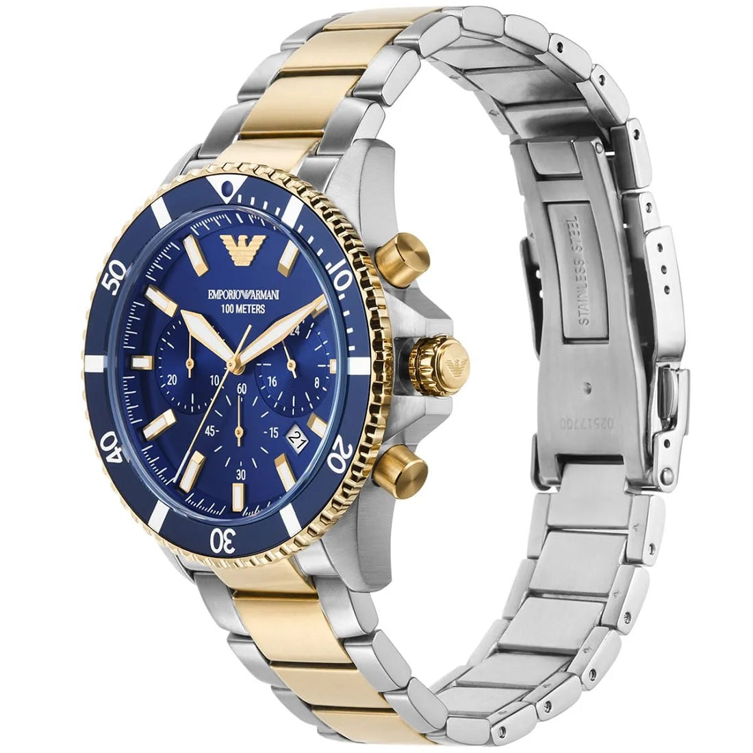Emporio Armani AR11362 men's diver watch with silver and yellow gold strap and blue dial