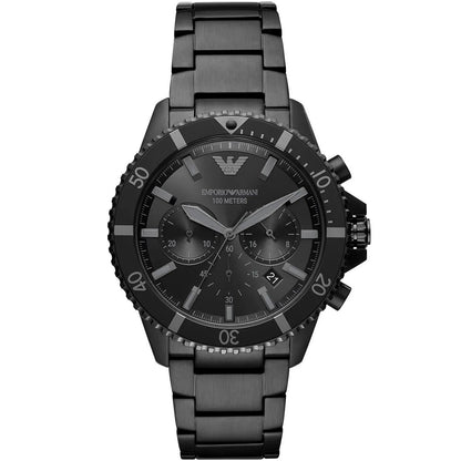 Front view of Emporio Armani AR11363 showcasing bold black dial and diver design