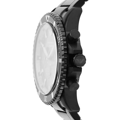 Side profile of Emporio Armani AR11363 with matte black strap and polished case