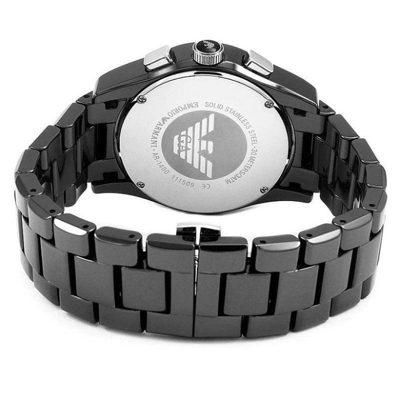 Rear view of the Emporio Armani AR1400 highlighting the black ceramic link bracelet, silver-tone case back, and seamless butterfly deployment clasp.